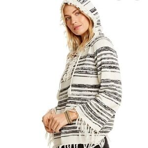 NEW CHASER Black Cream Stripe Fringe Hooded Poncho Sweater Pullover Size Medium